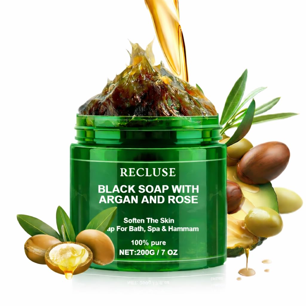 RECLUSE Black Soap with Argan Oil and Rose - 100% Pure Natural for Bath, Spa & Hammam - Deep Cleansing & Skin Softening Body for Glowing Skin - 200g