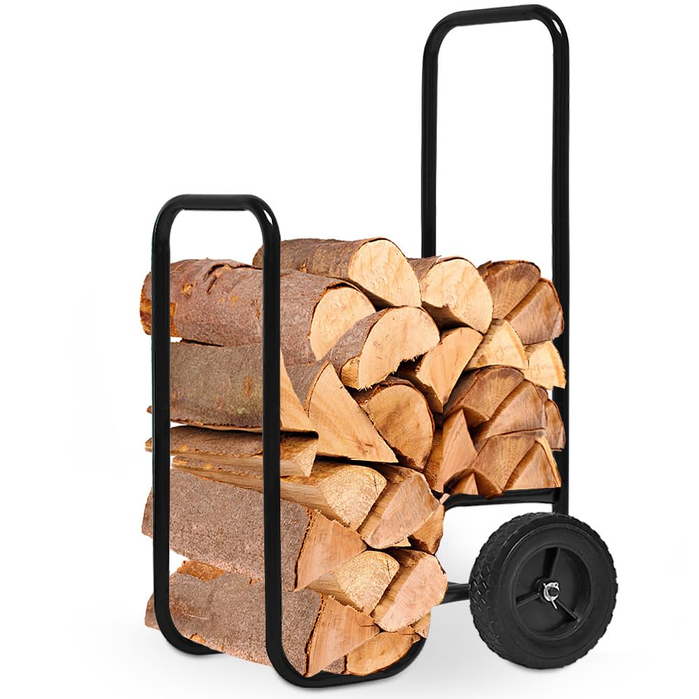 GARDEBRUK® Firewood Trolley Large | 105x56x45cm 80kg Capacity | Rolling Wood Cart Log Carrier Transport Storage Truck for Log Burner Stove Fireplace Chiminea | Indoor Outdoor Steel Black