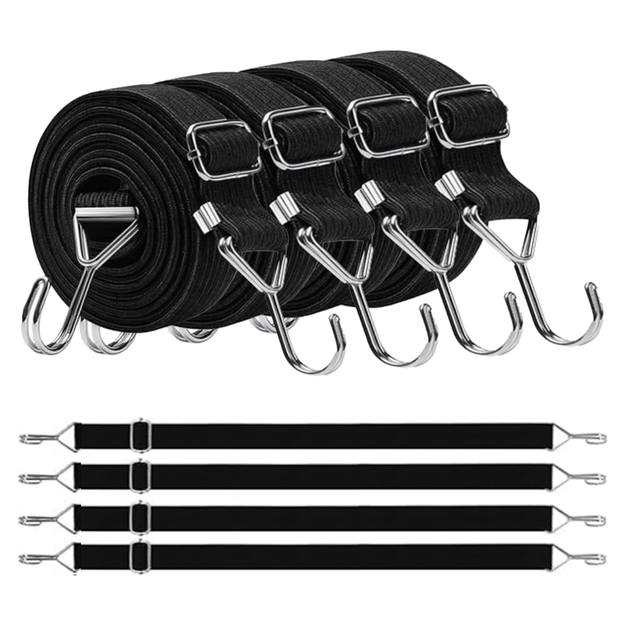 4Pcs Adjustable Bungee Cords with Hooks, 3m/10ft Long Bungee Straps Heavy Duty Elastic Rope Luggage Bungee Straps Anti-slip Elastic Straps for Bicycles Camping Tent Luggage Fixings
