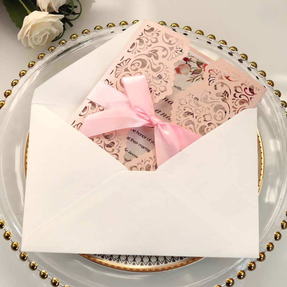 Delicada tarjeta de invitación de boda romántica D Paquete de 50, juego de papel imprimible en blanco y sobres for bodas, fiestas de cumpleaños, fiestas.(Roze,Blank)