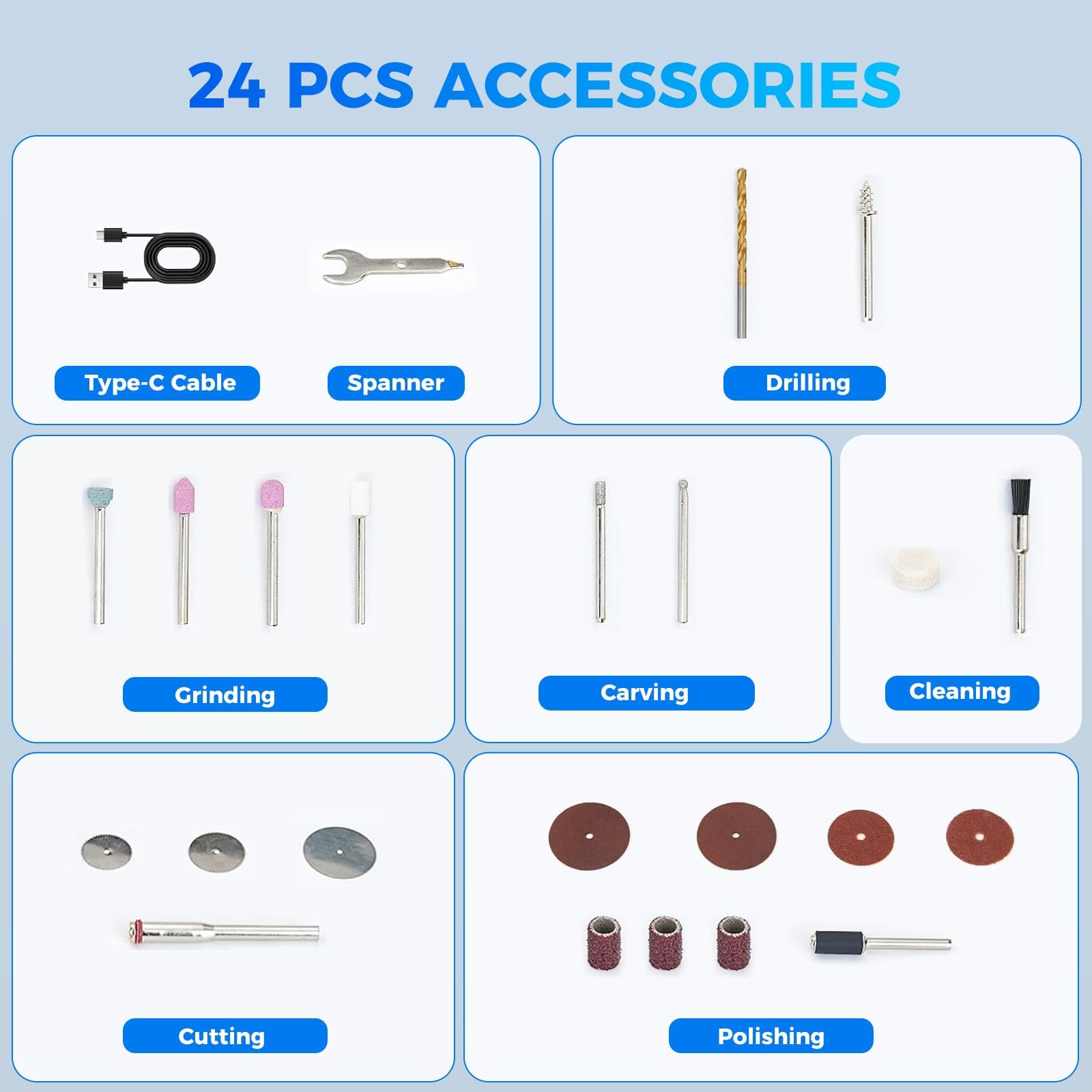 Creality Utensile Rotante Senza Fili, Mini Smerigliatrice Cordless a 6 Velocità (10000-18000 RPM) con 24 Accessori e Luce LED, Kit 3.7V per Finitura Stampe 3D, Modellismo, Incisione e Fai da Te