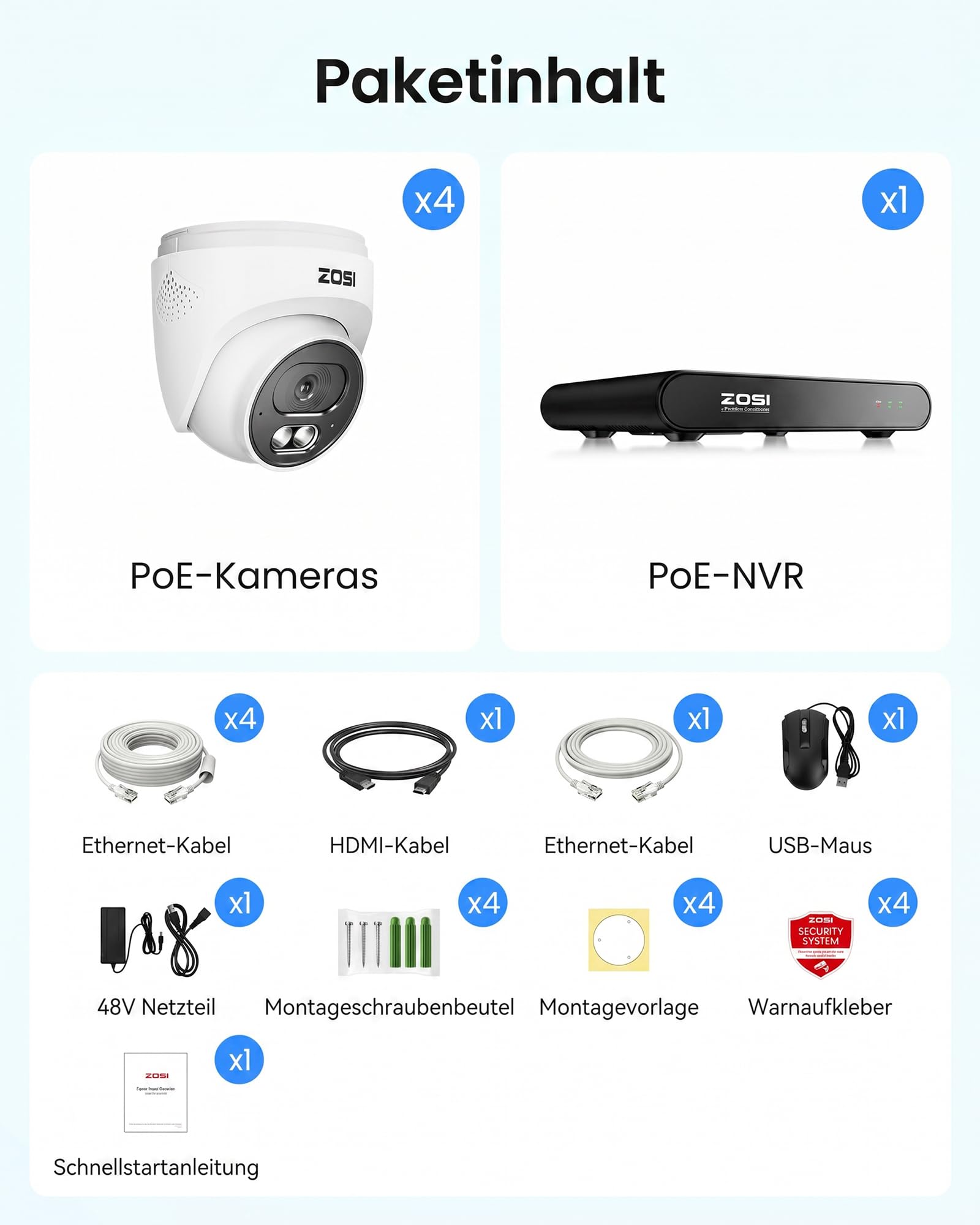 ZOSI 2,5K PoE Überwachungskamera Aussen Set, 8CH 5MP NVR mit 2TB HDD, 8X 4MP PoE Dome Kamera Überwachung Set mit Audio, Personenerkennung, 100ft Nachtsicht, C220