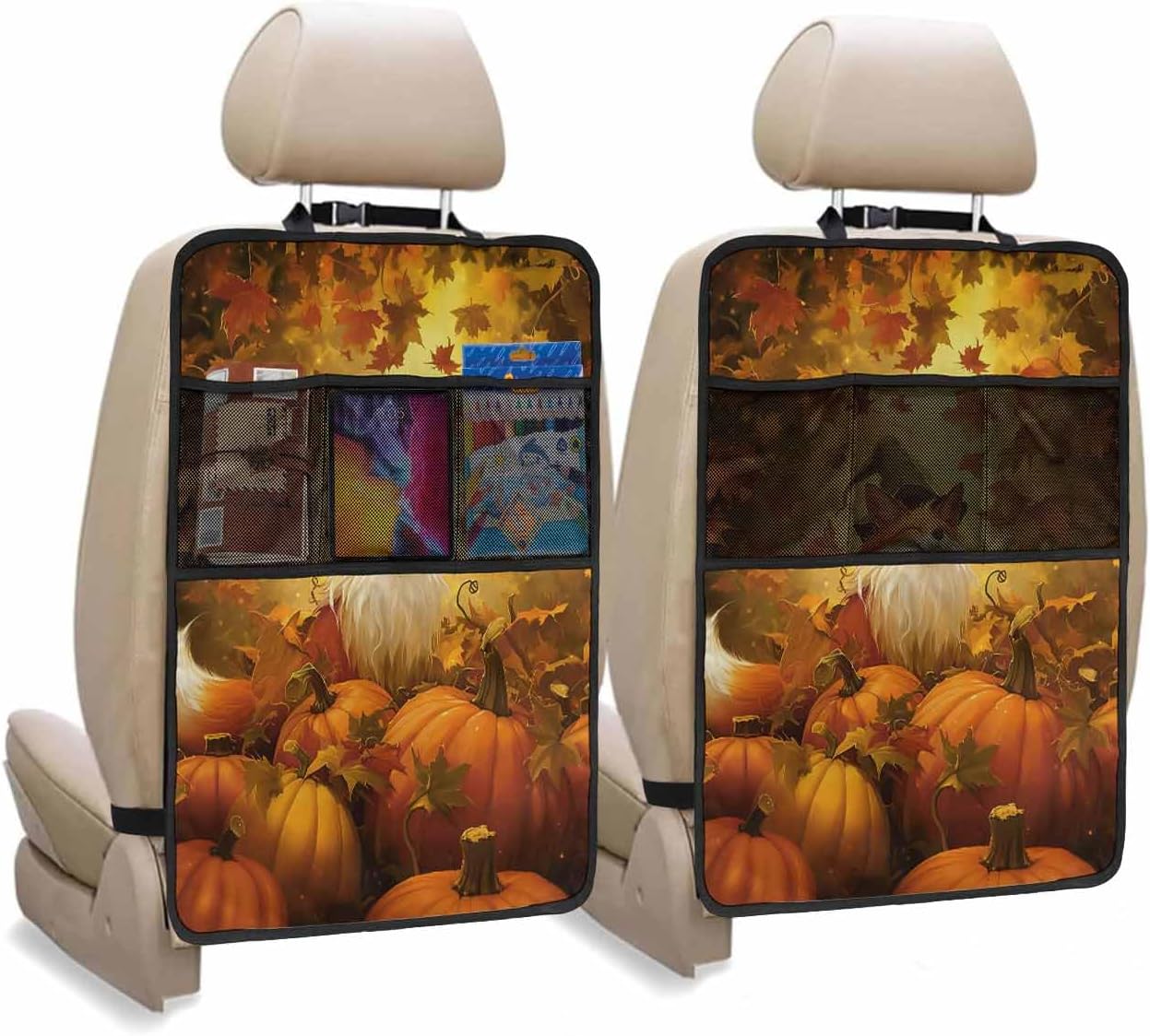 T&H XHome Car Seat Protector, 2 Pack Kick Mats with Organizer - 3 Pocket Storage, Cute Pumpkin Fox Back Seat Cover for Kids Universal Fit Automotive Interior Protectors
