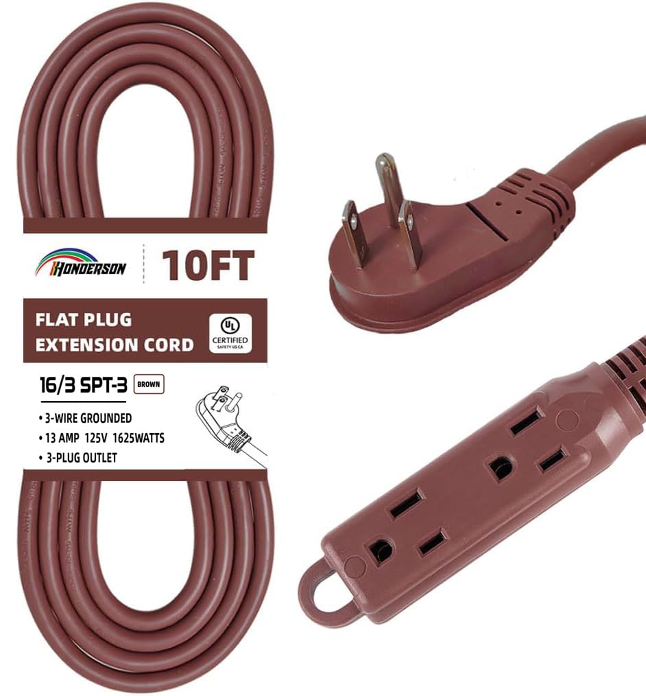 HONDERSON 3-Outlets Flat Plug Indoor Extension Cord Outlet Extender, UL Listed, 16 Gauge 10FT Brown 3 Prong Heavy Duty, 16/3 SJTW 13A Power Strip