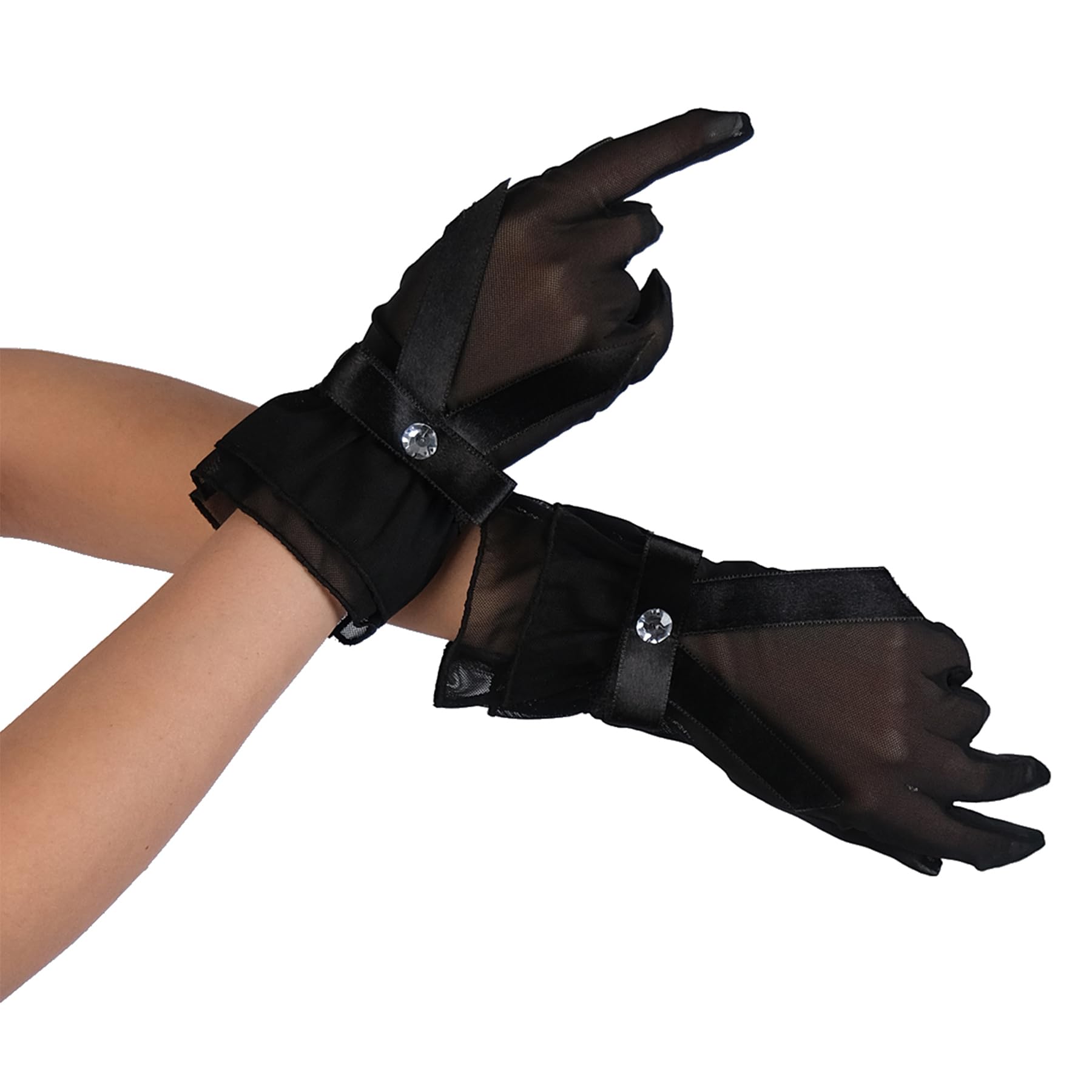 LIMELIA Braut-Hochzeitshandschuhe, transparentes, knöchellanges Tülldesign mit Bändern für Damen und Mädchen, Abschlussball, Partygebrauch, Schwarz