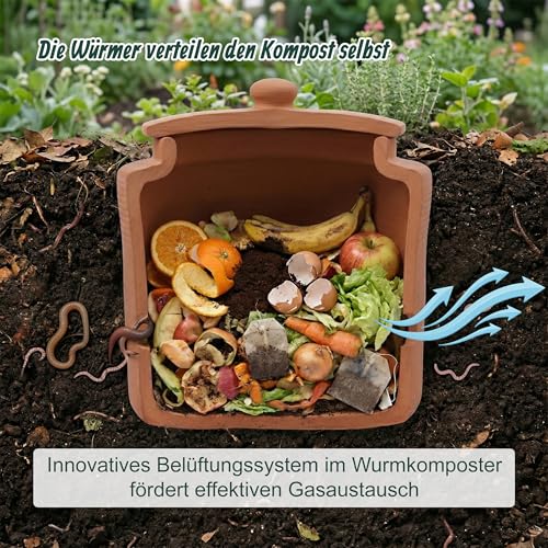Relaxdays Wurmkomposter zum Eingraben, 3 L, Wurmturm für Küchenabfälle, Deckel, Komposter Garten & Beet, Ton, terrakotta