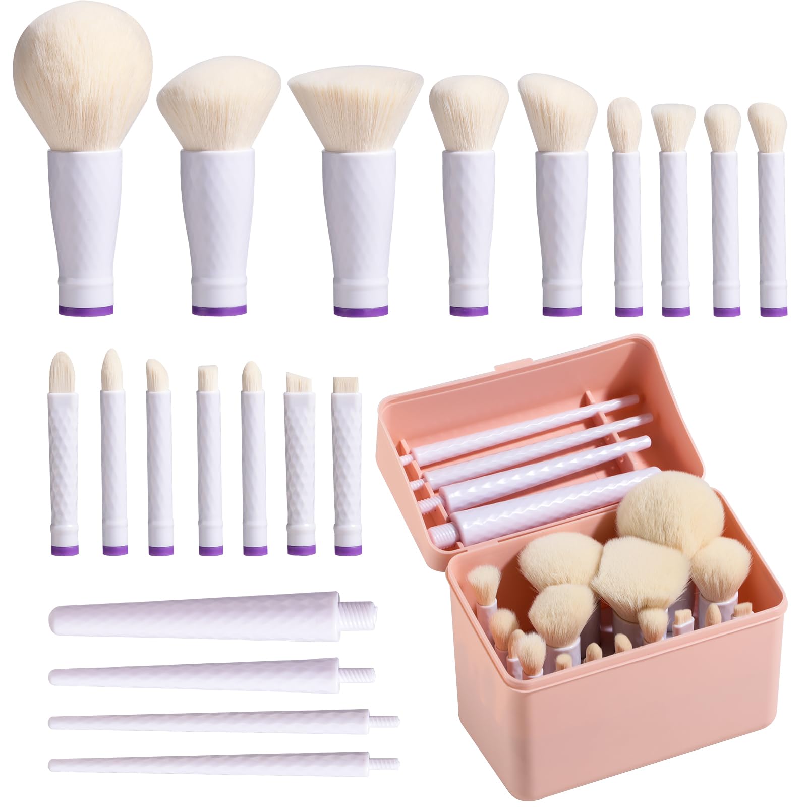BS-MALLTravel Makeup Brushes – Professional and Durable 16-piece Set Detachable Rotating Handles, Eco-Friendly Design, Comes with Storage Barrel(white case)
