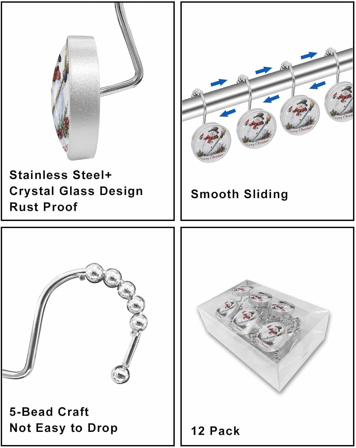 Shower Curtain Hooks 12 Pcs Christmas Winter Grey Broom Scarf Snowman Northern Cardinal Stainless Steel Rust Proof Rolling Shower Curtain Rings, Decorative Shower Curtain Hooks Hangers for Bathroom