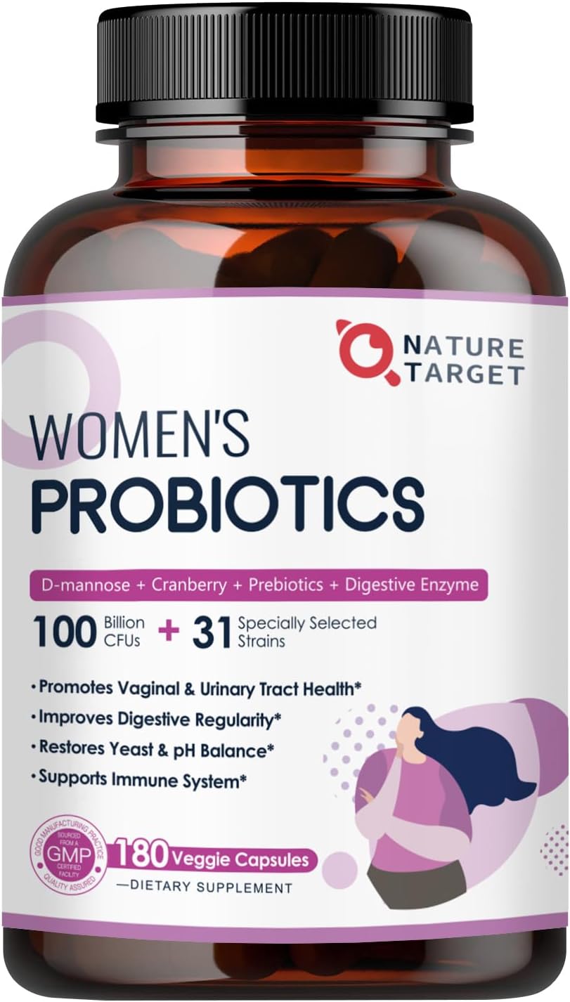 Probiotics for Women, 100 Billion CFUs Probiotic with Digestive Enzymes & Prebiotics, Vaginal Probiotics with Cranberry for Urinary Tract Health, pH Balance, 180 Veggie Capsules