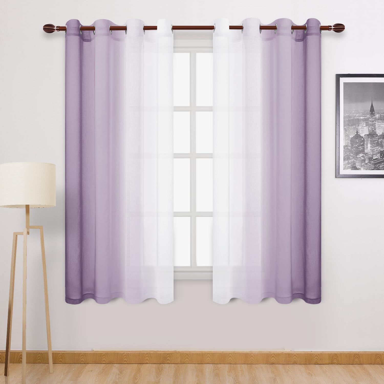 DWCN Faux Linen Ombre Sheer Curtains - Short Gradient Semi Voile for Kitchen and Living Room, Set of 2 Grommet Top Window Panels, W52 x L54 Inches, Lavender โ image 1