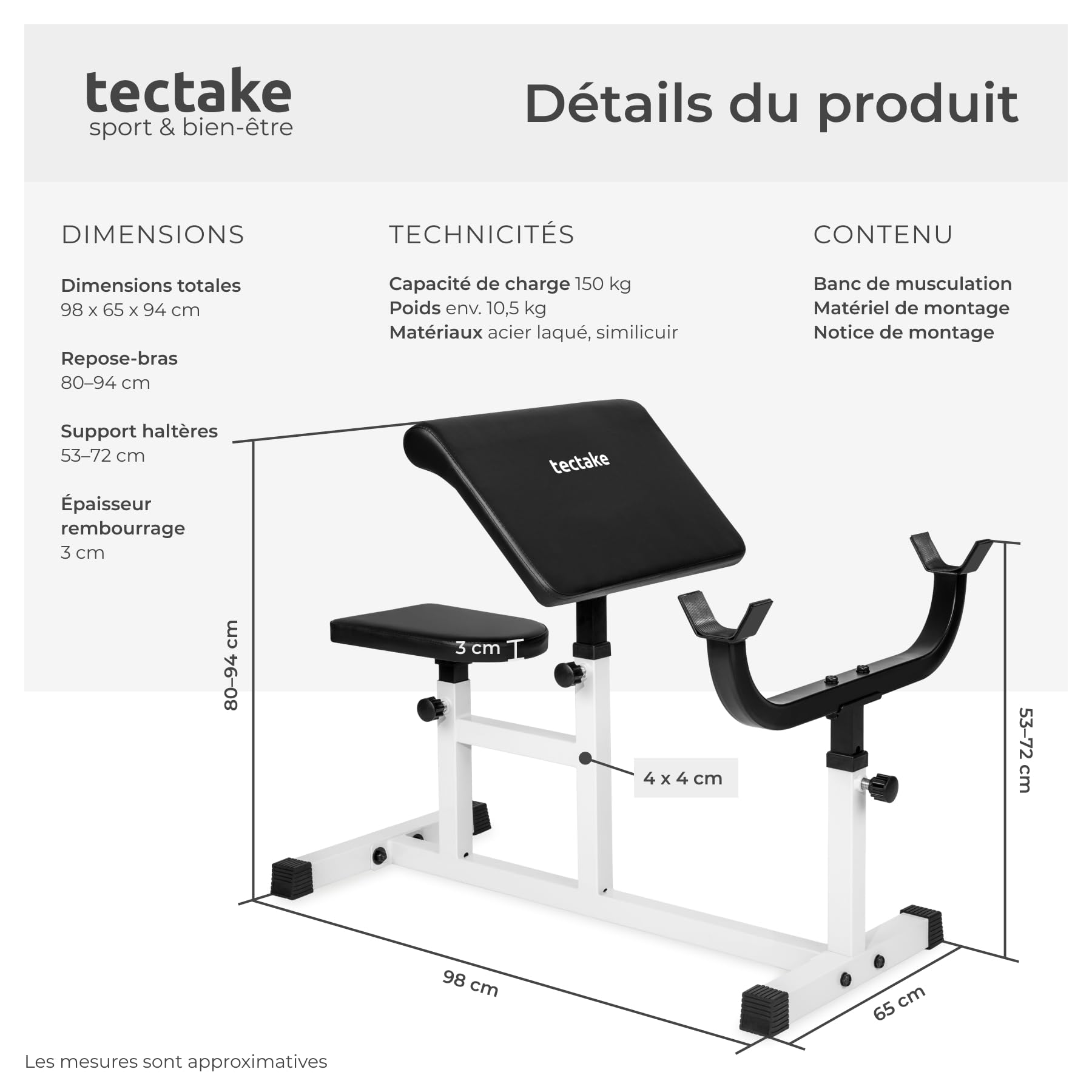 tectake® Banc de musculation Curl pour Biceps, Banc musculation, 100 x 65 x 96 cm, Accoudoir réglable sur 4 niveaux, Assise réglable sur 5 niveaux, Idéal Haltères, Sport Maison, Salle de sport