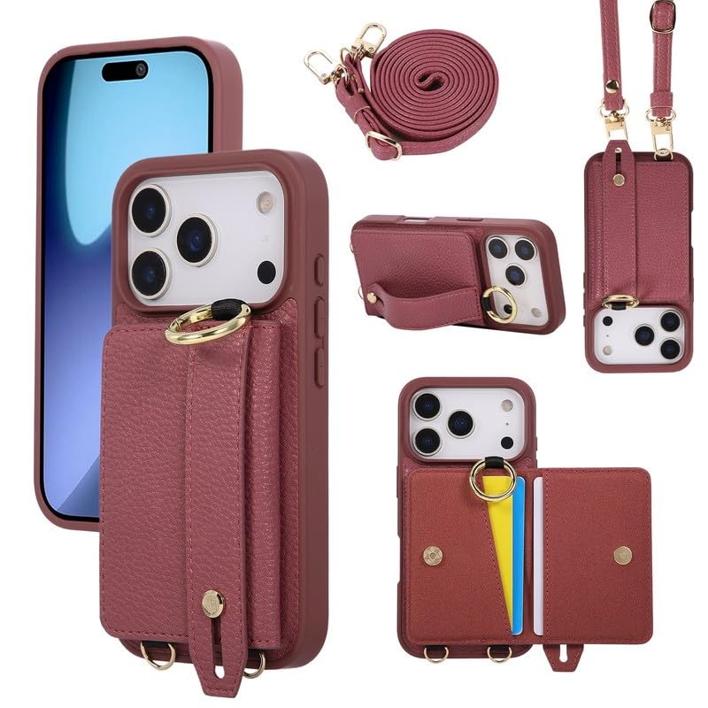 Étui portefeuille en cuir iPhone 16 Pro rouge vin haute finition avec sangle