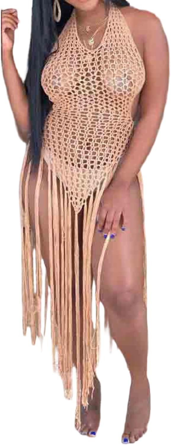 Tbahhir Women's Crochet Swimwear Coverup Sexy Sleeveless Hollow Fringe Maxi Dress Knit Swimsuit Beach Vacation Outfits