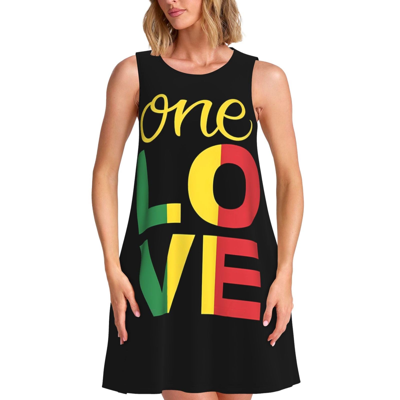 Noasqll One Loves Jamaican Rasta Reggae Heart Women’s Sleeveless Dress Floral Dress Summer Dresses Beach Sundress with Pocket