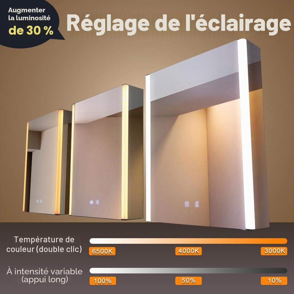 KWW LED éclairage Salle de Bains Armoire à Pharmacie avec Miroir, Température de Couleur réGlable, Anti - Buée Gradateur, Prise et USB, Armoire à Pharmacie Miroir Mural (Charnière gauche-55×70)