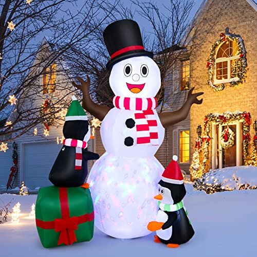 GOPLUS 180 cm, boneco de neve insuflável com pinguins, decoração natalícia insuflável com luz LED rotativa colorida, sacos de areia integrados e estaca, decoração de Natal para interior e exterior