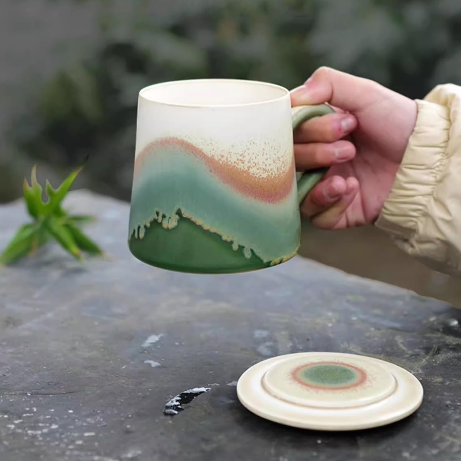 Handgefertigte Kaffeetassen, Tragbarer Kaffeebecher zum Mitnehmen fürs Camping, Keramik-Teetasse für zu Hause, 325 Ml, für Heiße und Kalte Getränke, Geburtstagsgeschenke für Männer(Black)