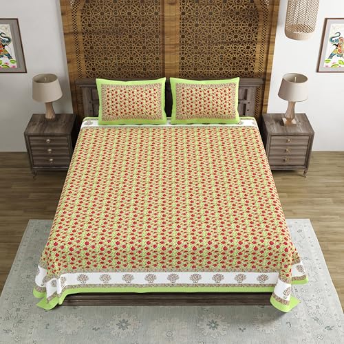 Image of BLOCKS OF INDIA Hand Block Printed 200 TC Cotton King Size Bedsheet (Green Anar)