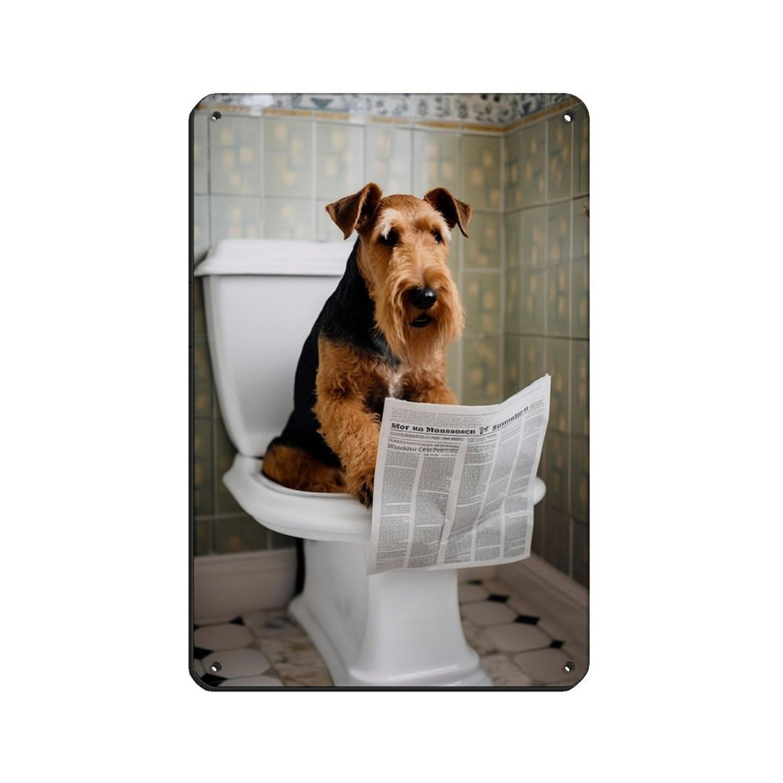 Airedale Terrier on Toilet Reading The Newspaper Retro Poster Metal Tin Sign Chic Art Retro Iron Painting Bar People Cave Cafe Family Garage Poster Wall Decoration 8x12inch(20x30cm)