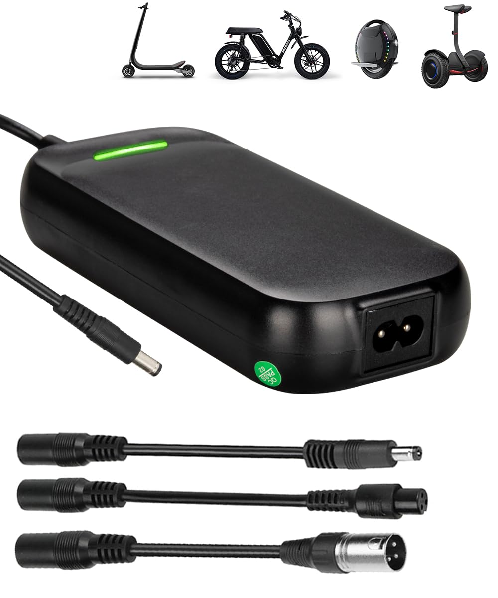 54,6 V, 2 A, 48 V, patinete eléctrico, cargador Overboard con 4 conectores | Cargador de batería universal de 48 V con enchufe XLR macho de 3 pines para bicicleta eléctrica, Scooter, Ebike, monociclo
