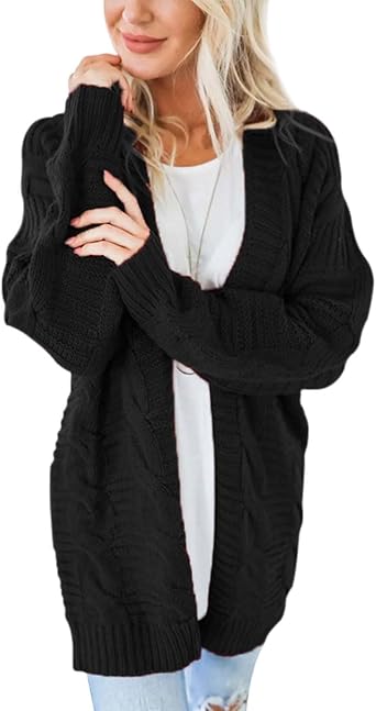 Long Sleeve Cable Knit Womens Cardigan Oversized Long Sweater Loose Casual Solid Color Mid Length Chunky Style