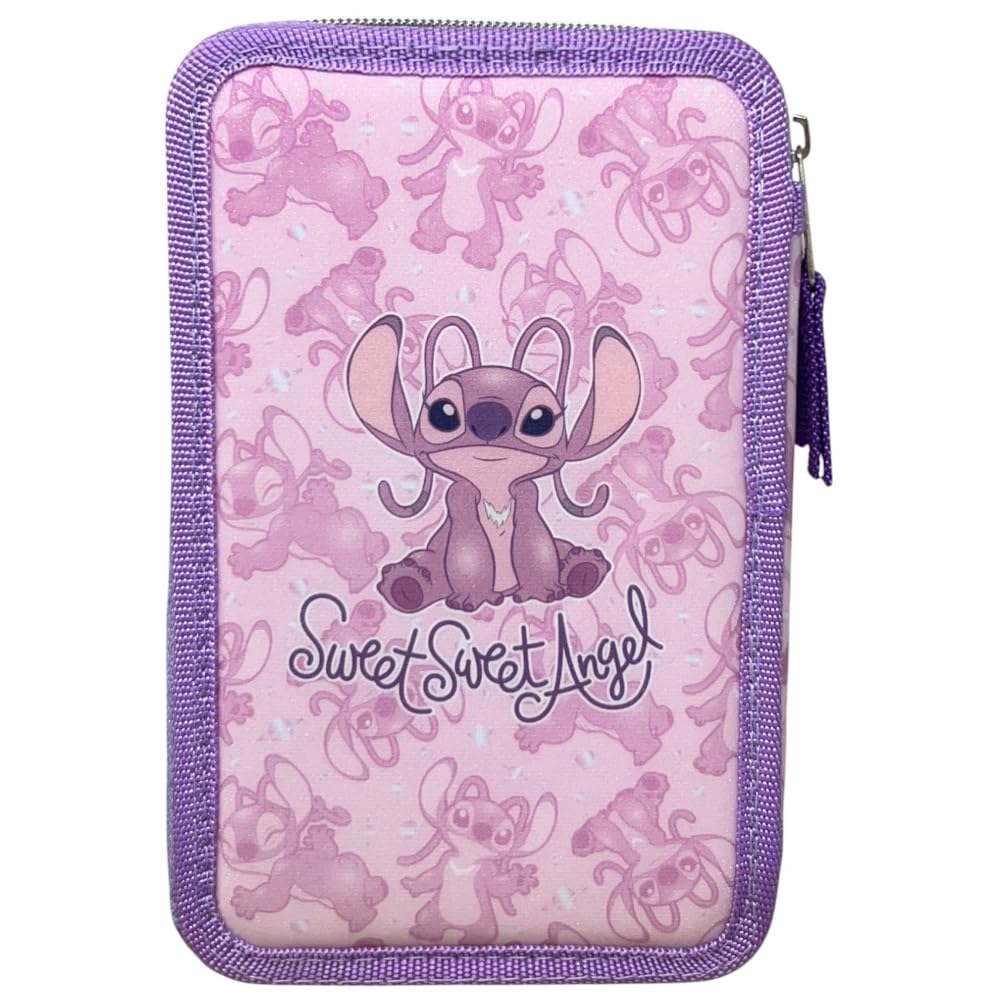 CARTOON Astuccio 3 zip Angel Disney Stitch per la scuola completo 44 pezzi di cancelleria penna Papermate pennarelli giotto accessorio per bambine e ragazze