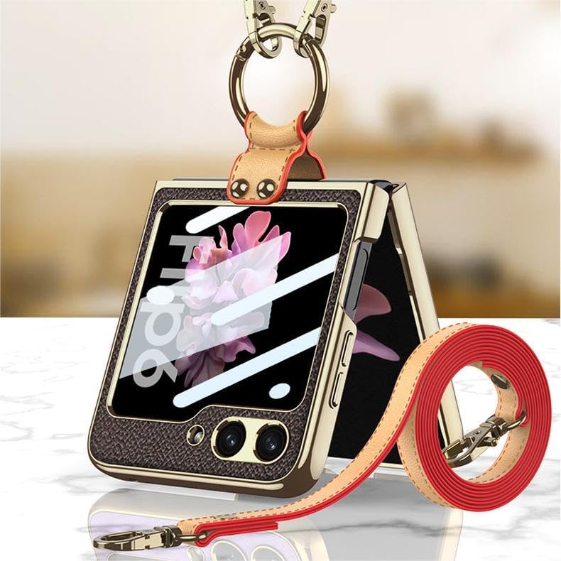 Folding Leather Case for Samsung Galaxy Z Flip 6/5, Mobile Phone Shell for Z Flip6/5 with Strap, Creative Women's Screen Protective Cover with Electroplating Ring Bracket (Black,for Flip 5)