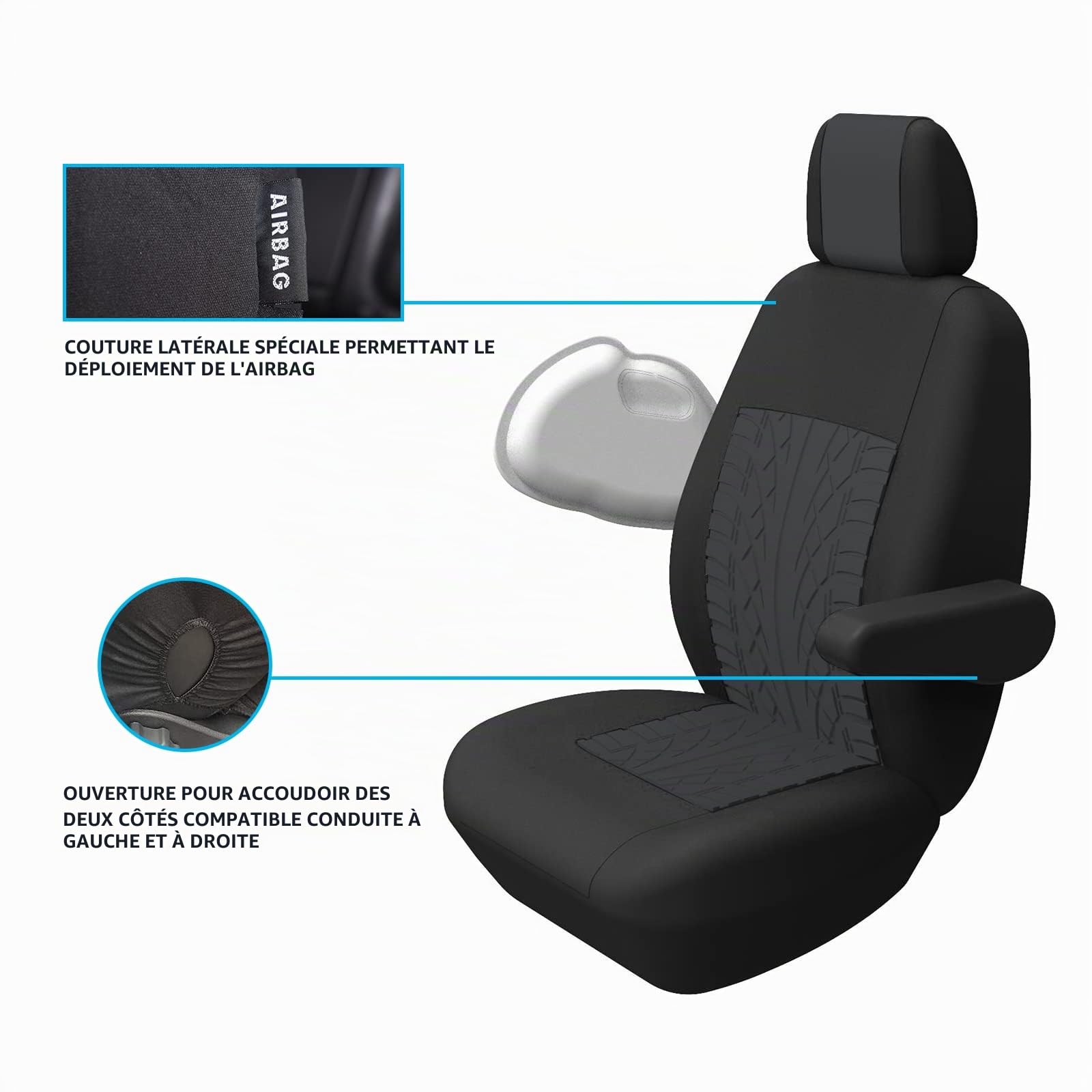 TOYOUN Housses de Sieges Universelles, Housse Couverture Couvre Sieges pour Camion Camionnette Van Bus pour conducteur et Passager 2 + 1, Housses de siège Avant Simple et Double, Impression 3D, Noir