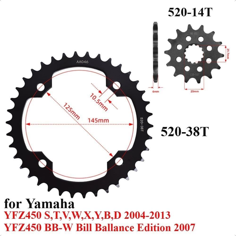 Moto Piñon Delantero， Para YFZ450 BB-W 2007 Para YFZ450 2004-2013 Piñón trasero delantero de motocicleta 525-14T 38T cadena retenedor placa，(Front and Rear)