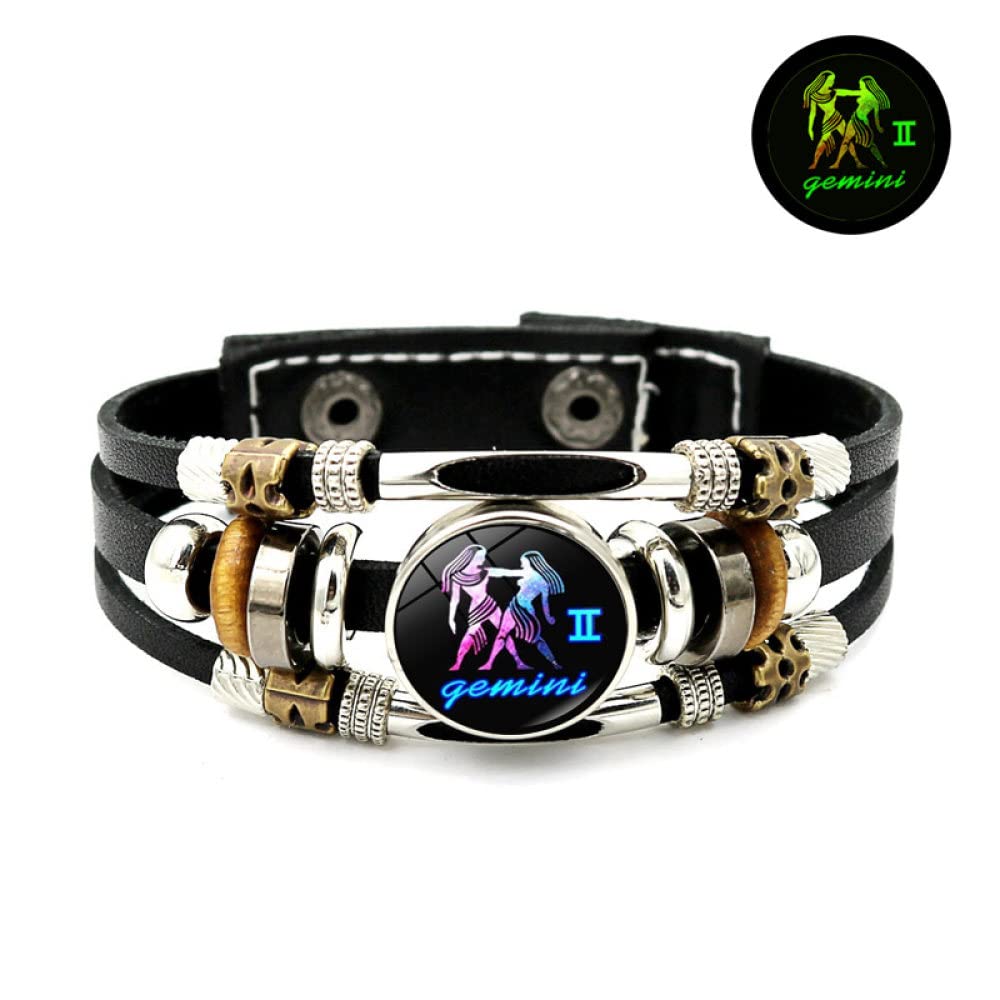 Braccialetto Pelle Costellazioni Zodiacali - Con Gemma Luminosa, Regalo Astrologia Uomo/Donna