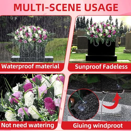Lodou Cemetery Flowers for Grave,Headstone Flower Saddle,Flowers for Cemetery Grave Decoration Headstone Flower Saddle for Headstone Decoration (Purple White) image 3
