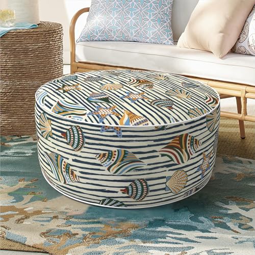 DYTXIII Inflatable Ottoman Stool D21 xH9 for Outdoor/Indoor Use Water Repellent Patio Foot Rest with Portable Handle Round Pouf Ottoman Suitable for Garden Deck and Camping-Crayon Shells