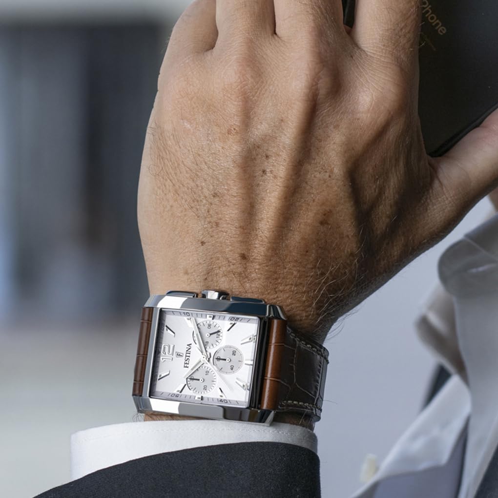 Festina Reloj Hombre Analógico de Cuero - Movimiento de Cuarzo - Cronógrafo - Cristal Mineral de Alta Resistencia - Resistente al Agua 5 ATM Elegante F20636 On The Square