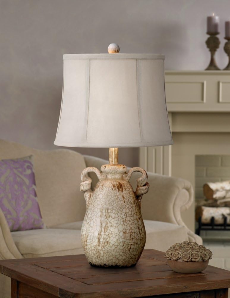 Regency Hill Sofia Rustic Country Cottage Core Accent Table Lamp 22" High Crackled Ivory Glaze Ceramic Handles Jar Beige Bell Shade for Bedroom Living Room House Home Bedside Nightstand Office