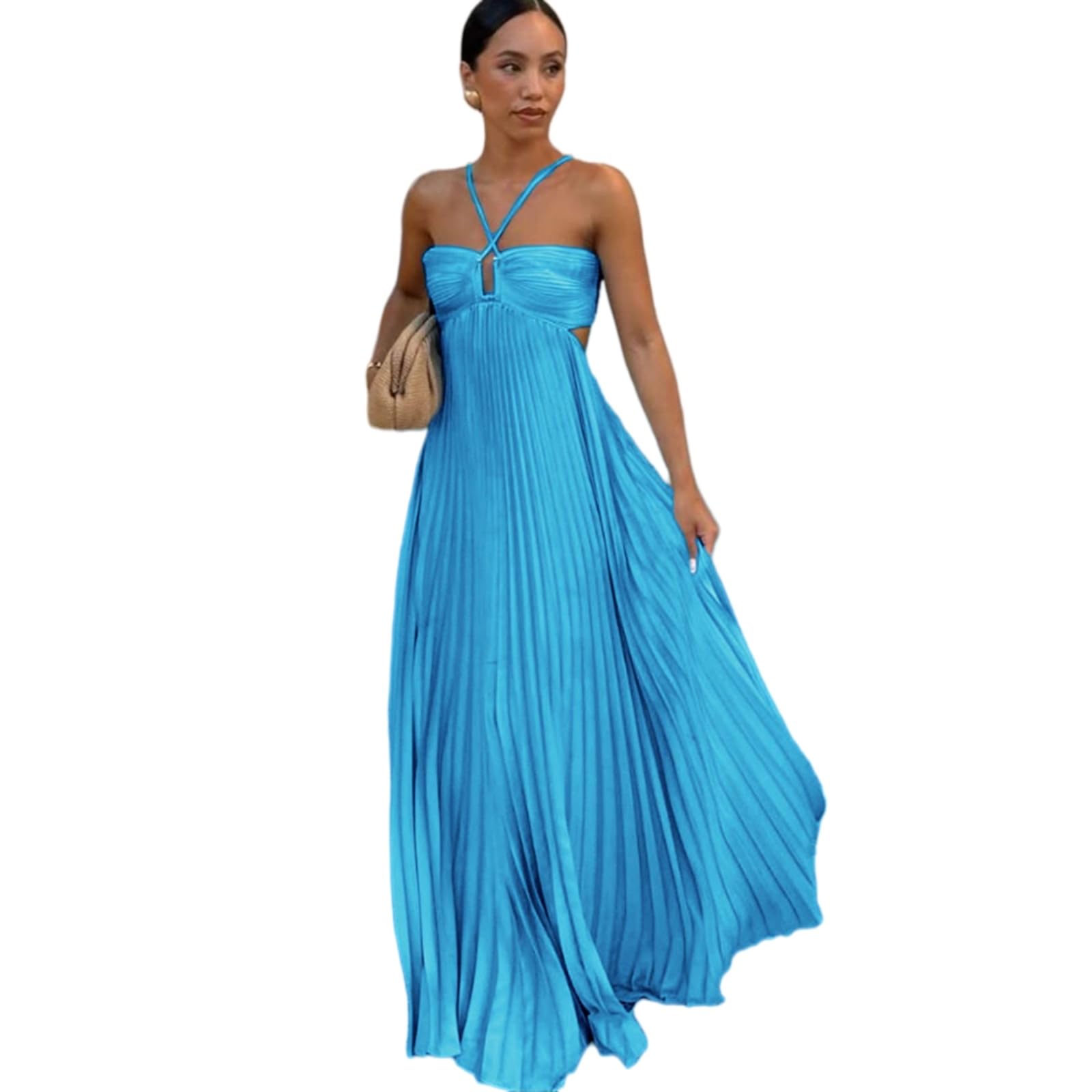 Vestito Donna Piegato Halter Maxi Abito Senza Maniche Schienale Pizzo Fino Elegante Estate Matrimonio Ospite Festa Lungo