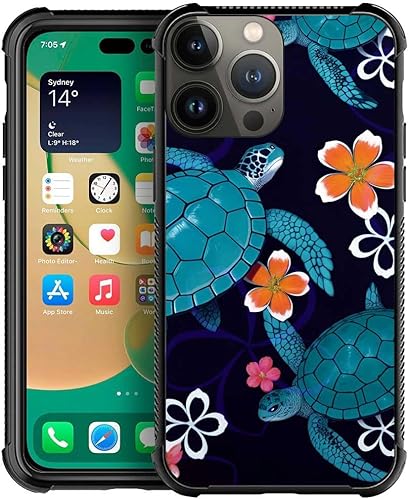 Funda compatible con iPhone 13 Pro, diseño de tortuga y flores, a prueba de golpes, antiarañazos, carcasa trasera de policarbonato duro para iPhone