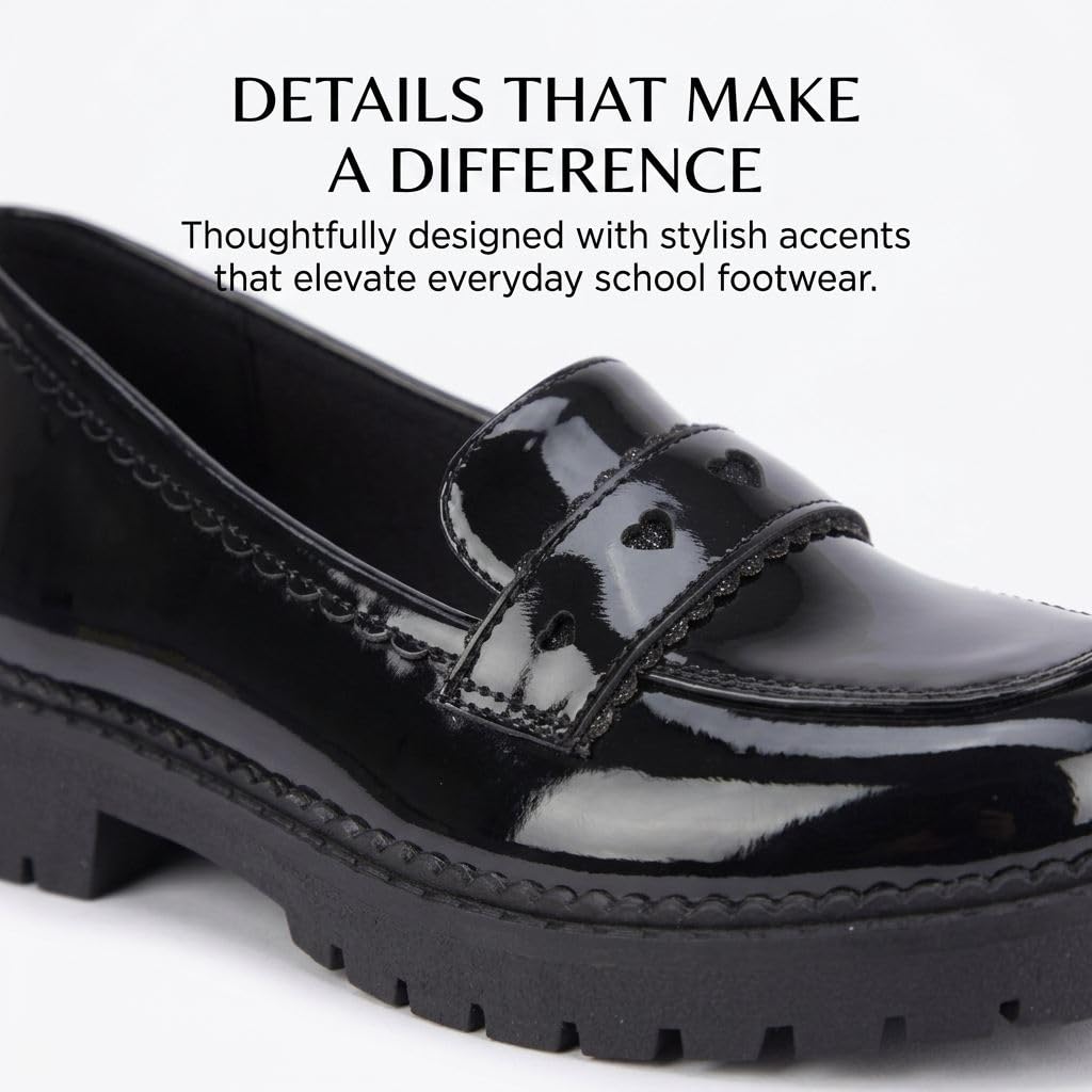 A2Z 4 Kids Mocassins pour filles - Noir - À enfiler - Bordure en forme de cœur - Semelle épaisse - Confortable - Durable - Pour la rentrée scolaire - Pointure 38 - Pour enfant à 36