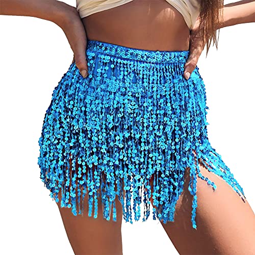 PrettyGuide Womens Glitter Skirt Fringe Belly Belt Dance Performance Skirt Lake Blue