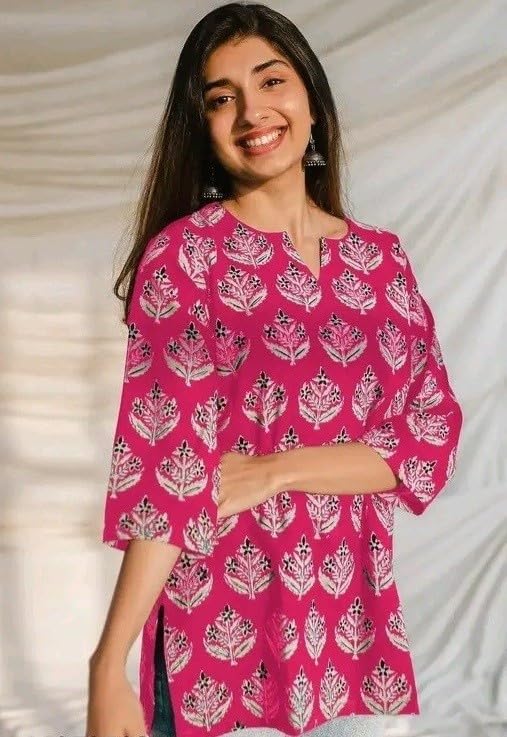 Image of Women's Short Kurti in Multicolor Rayon Cotton Blend | Ladies Ethnic Tunic | Office