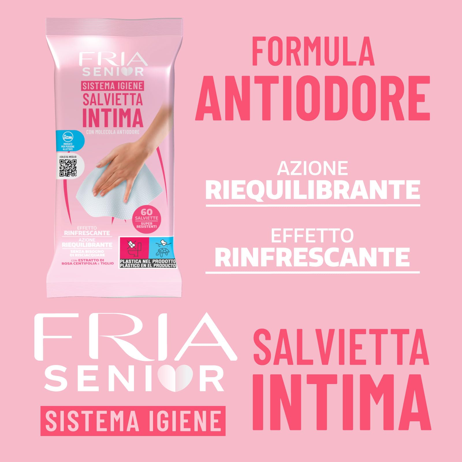 Salviette per l’Igiene Intima degli Anziani - con Estratti di Rosa Centifolia e Tiglio - Azione Riequilibrante - Antiodore - Formato: 60 Salviette - FRIA Senior (Confezione da 4)