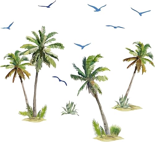 SUPERDANT Pegatinas de pared de palmera de acuarela, árbol de coco, pájaros, plantas tropicales, calcomanías de pared para dormitorio, sala de