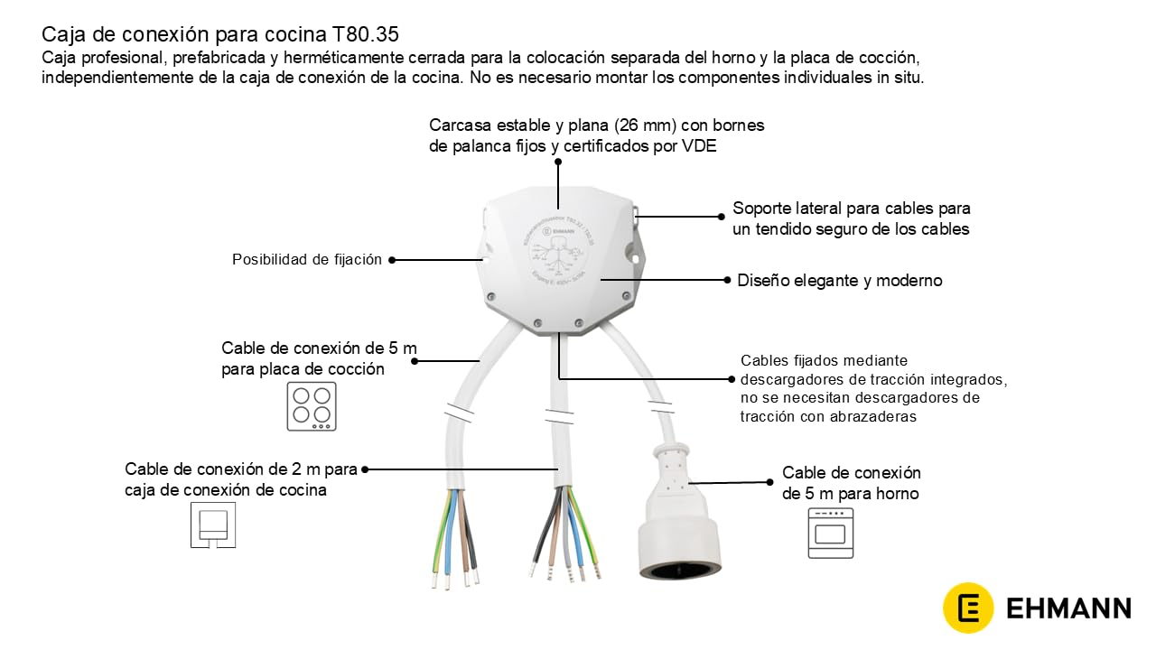 EHMANN Caja de conexión para cocina/Caja divisora, empotrada, con cables de conexión de 5m para placa de cocción, 5m para horno y 2m para caja de conexión de cocina, Made in Germany, 8066x0305