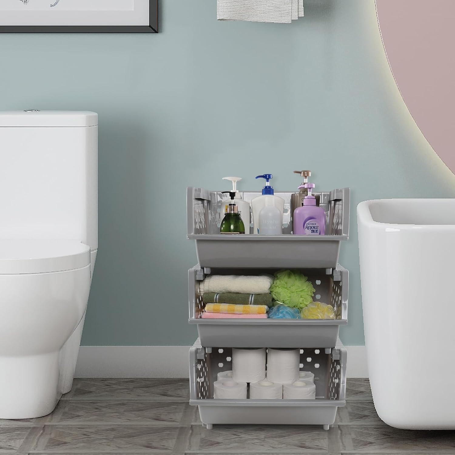 3 Pack Plastic Stackable Storage Baskets, Open Front Stacking Bins, Grey