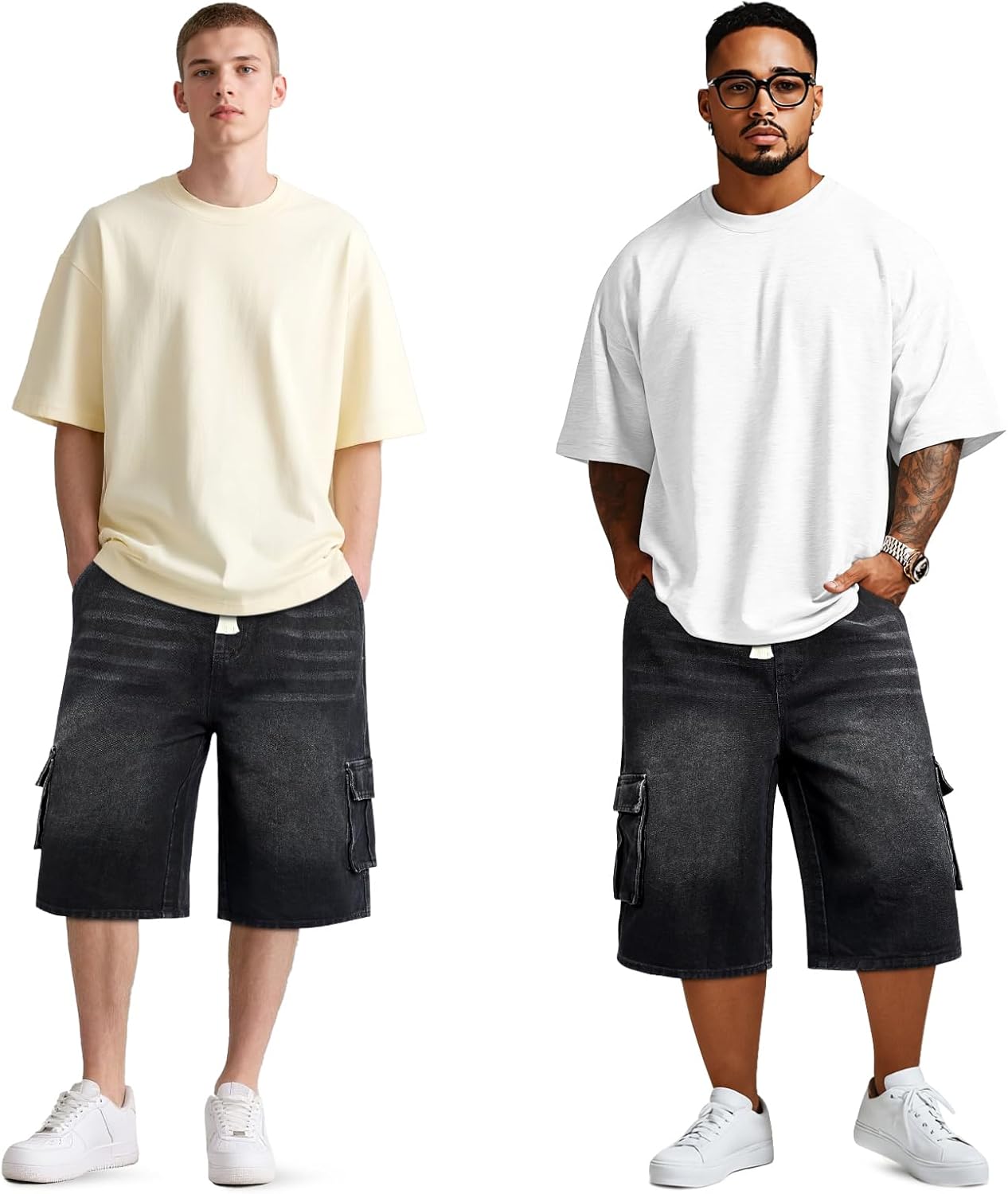 GINGTTO Mens Baggy Jean Shorts Cargo Long Denim Shorts Elastic Waist 15 Inch Inseam