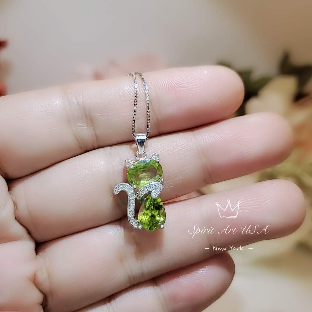 Genuine Peridot Necklace Sterling Silver Cat Kitty Necklace, Natural Green Peridot Pendant, 925 Silver Heart Chakra Pedridot Jewelry