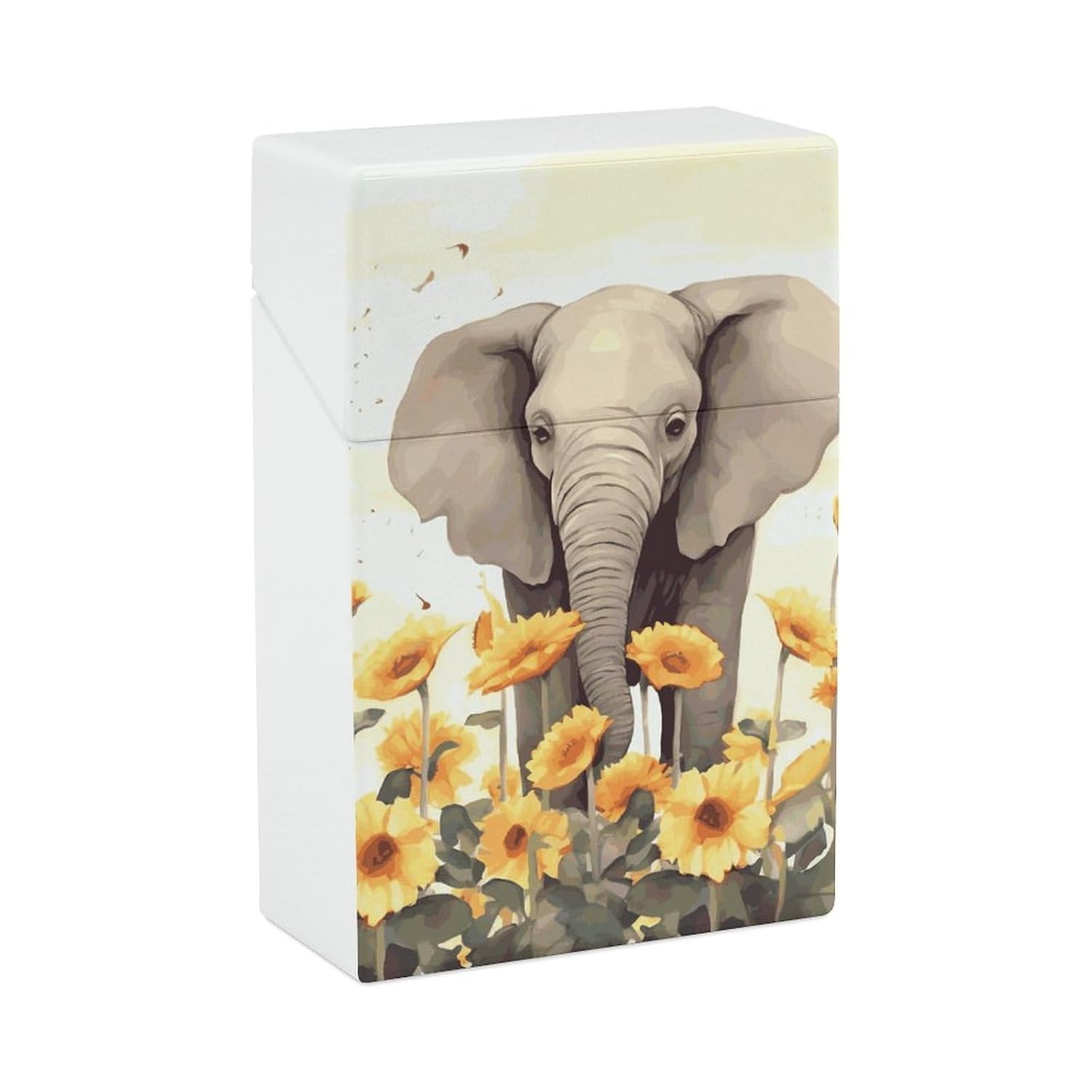 Elephant and Sunflower Cigarette Case with Switch Flip Closure, Cigarette Holder Case for Men Women, Cigarettes Smoking Accessories, Plastic Box for Smoke, Cigarette Hard Box Holder