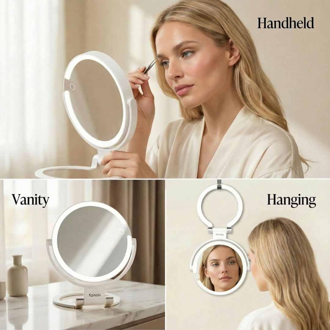 Fancii Miroir de voyage grossissant 10x/1x avec lumières, rechargeable | Miroir de maquillage extra large de 22,9 cm avec éclairage LED, miroir de courtoisie pliable, double face, 3 réglages de