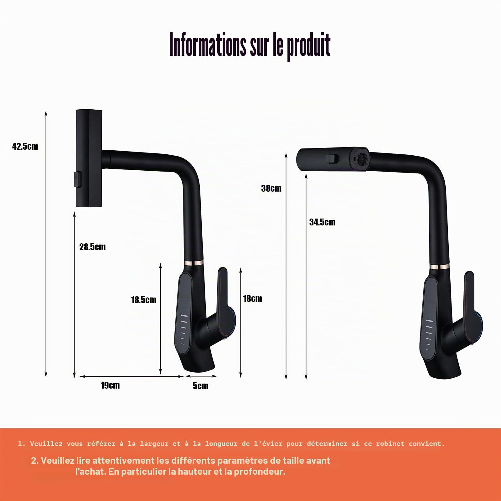 Robinet de Cuisine Extractible, Affichage Numérique LED, Cascade, 3 Modes de Débit d'eau, Pivotant à 360° Mitigeur Cuisine Robinet, Mitigeur Cuisine à Poignée Unique, 59A Cuivre (Noir)