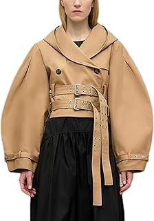 Women's Vintage Leather Hooded Coat Puff Sleeve Belted Waist Oversized S...