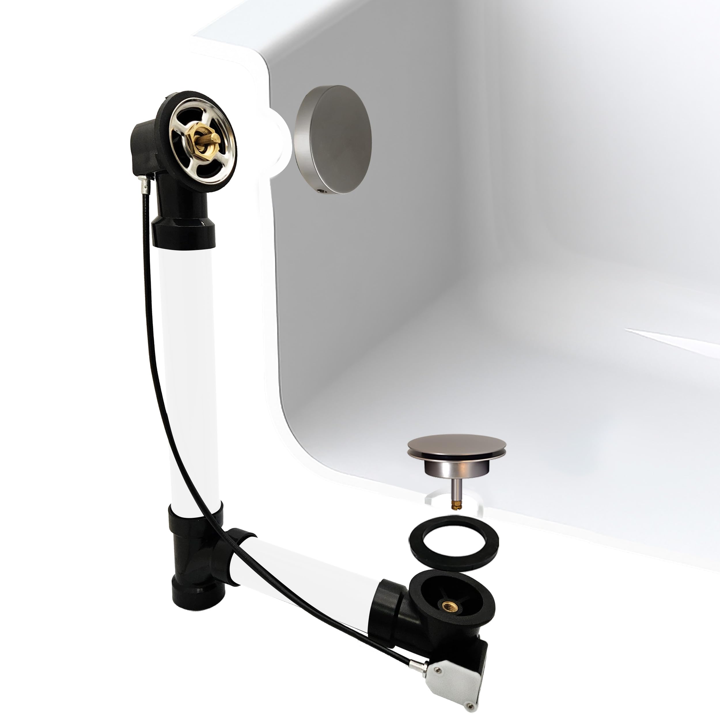 Westbrass A50A45SRE-07 45" SCH. 40 ABS Cable Driven Bath Drain Trim Kit with Rotary Overflow Cover Knob and Pop-Up Stopper, Satin Nickel